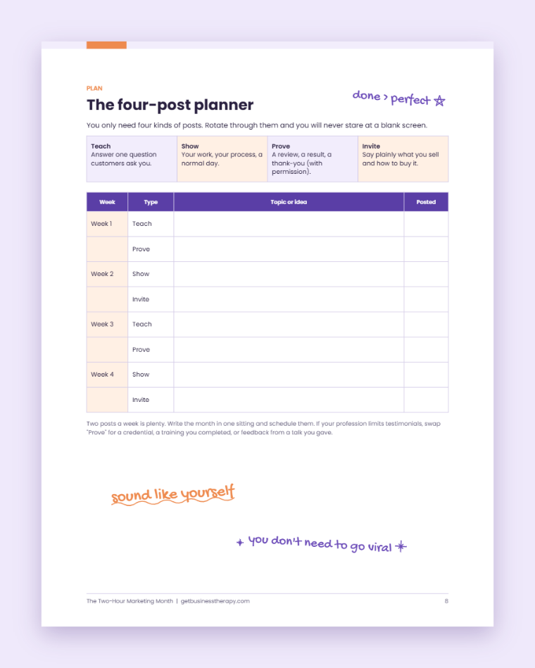The four-post planner page from The Two-Hour Marketing Month guide
