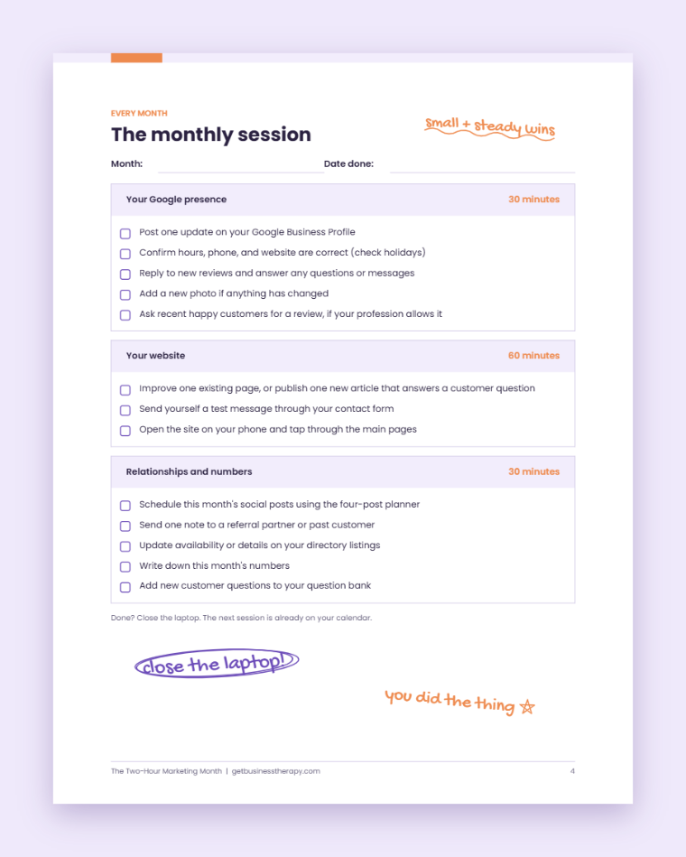 The monthly session checklist page from The Two-Hour Marketing Month guide